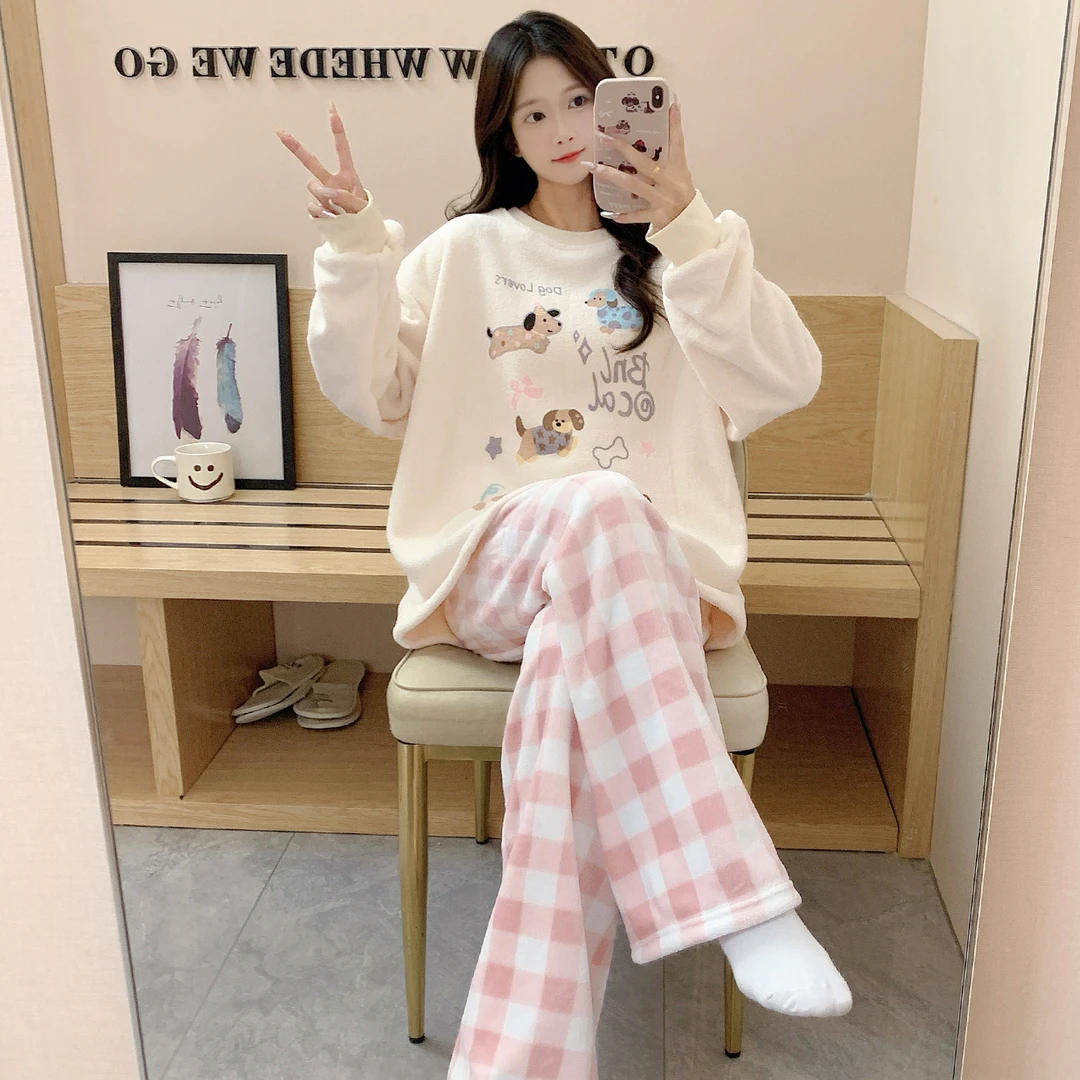 可爱卡通冬季珊瑚绒睡衣女长袖长裤新款加厚保暖学生款家居服套装