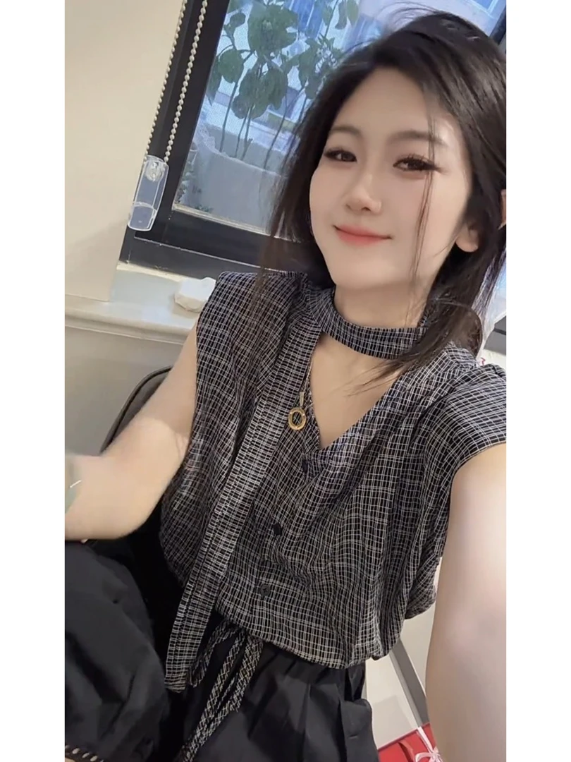 设计感超好看独特气质格子衬衫黑色阔腿裤套装女士夏季2025新款潮