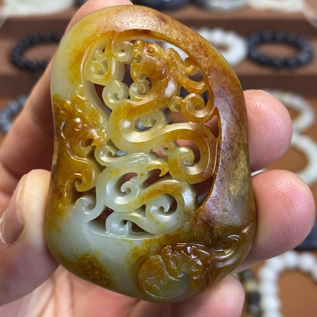 和田玉未镶嵌挂件新疆和田玉黄沁独籽龙凤佩挂件