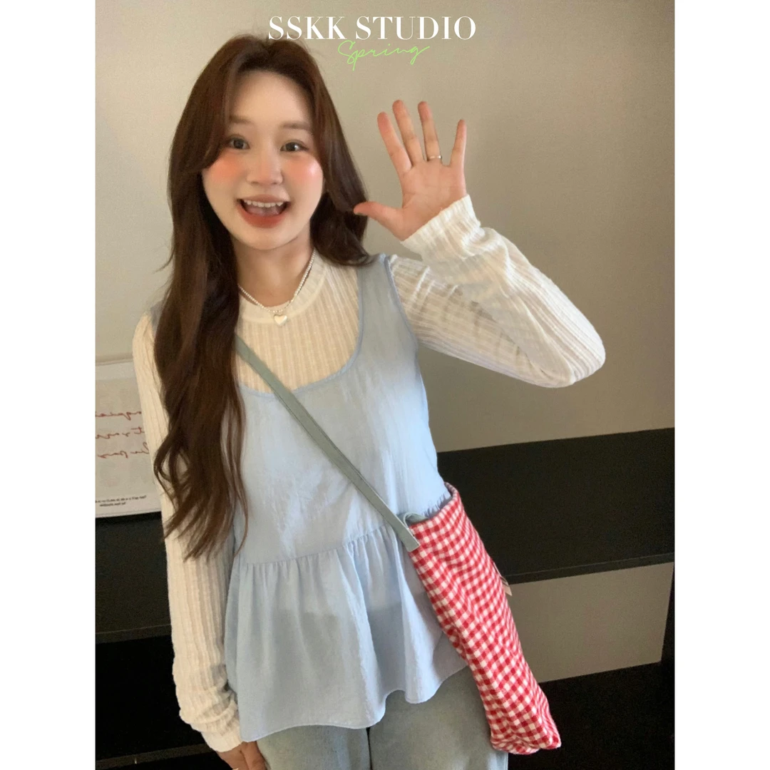 KMZY/KMZY山_山【有氧甜心】微胖mm韩版减龄甜美风打底衫+吊带套装