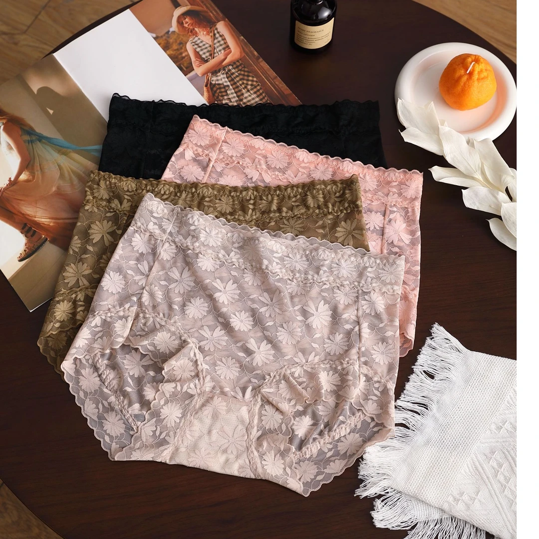 蕾丝内裤女性感女士桑蚕丝裆部大码轻薄透气中高腰纯欲三角短裤