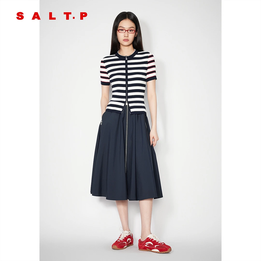 SALT.P可颜2025夏新款藏蓝撞色条纹双头拉链针织毛衫女AC35206030