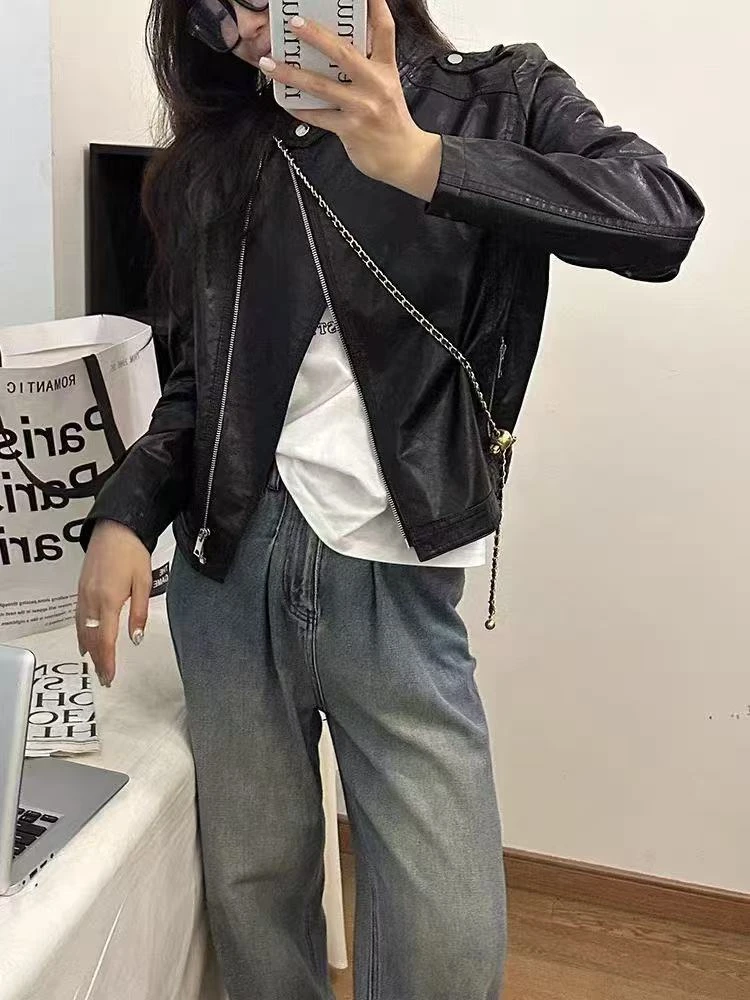 滨莉家 8218 春季新款复古港风时尚立领机车皮衣外套