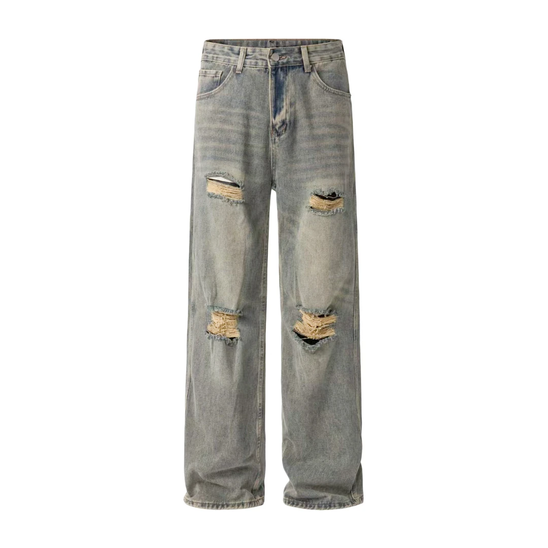 夏季破洞牛仔裤宽松直筒百搭休闲长裤水洗高街复古美式做旧毛边裤