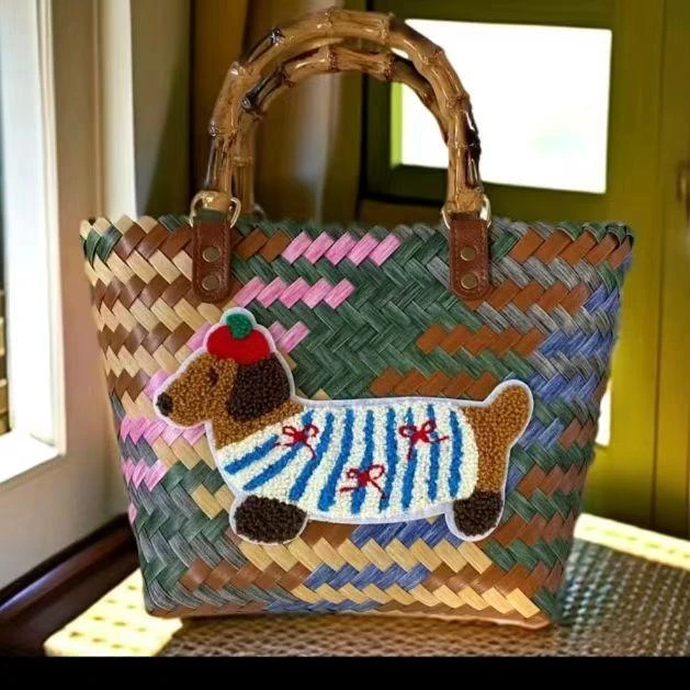 新款复古条纹腊肠狗多色编织通勤女士手提编织篮