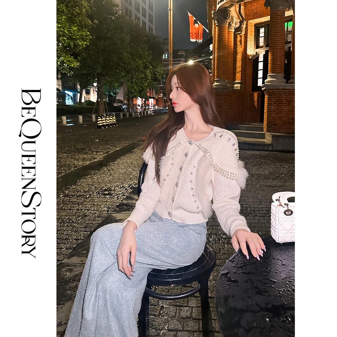 韩韩IU【雪岛浪花】轻奢时尚高定狐狸毛大翻领女士毛衣红人秋季穿搭