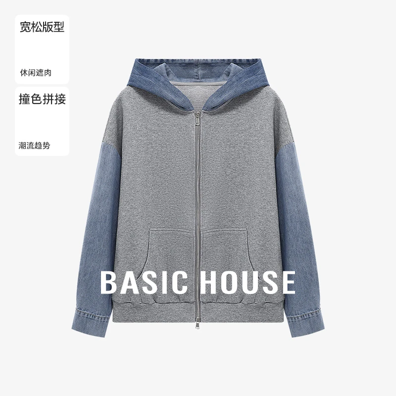 Basic House/百家好春季休闲宽松牛仔拼接连帽外套女-B0625H5C802
