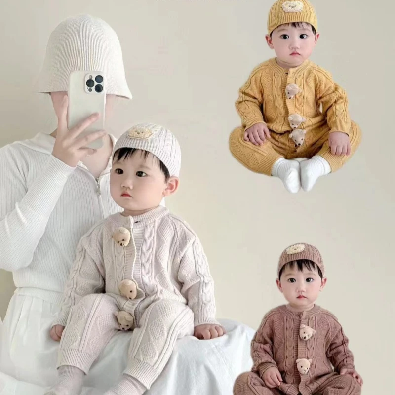 组合秋冬款男宝宝衣服针织熊头公仔多风格针织哈衣