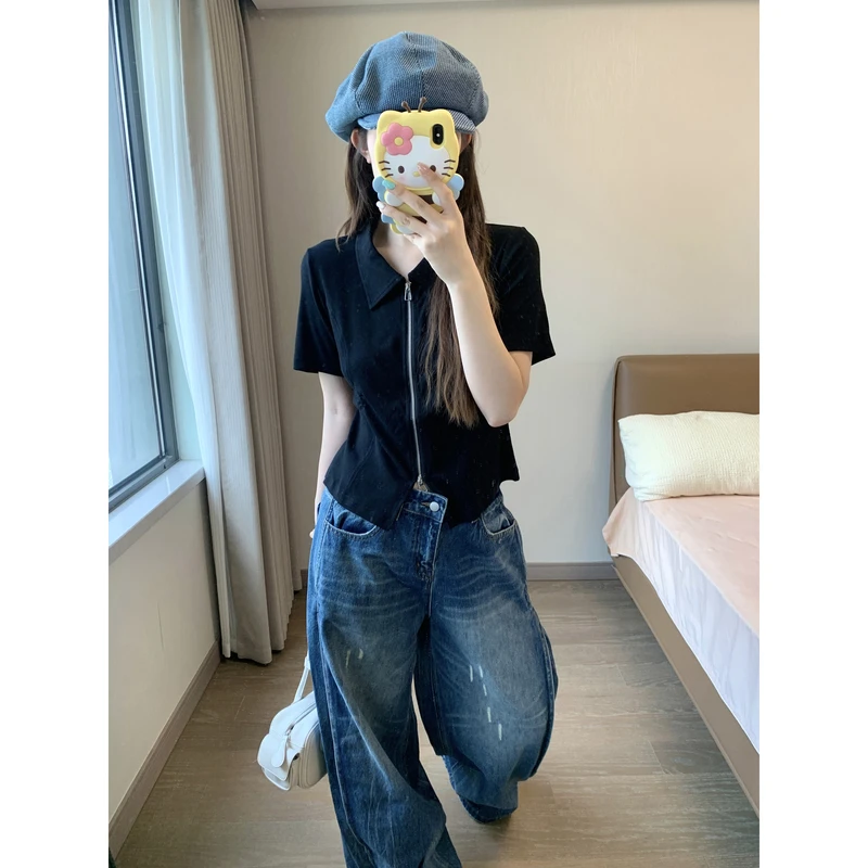 小沈美眉 百搭显瘦 翻领拉链短袖T恤夏季薄款针织开衫上衣女