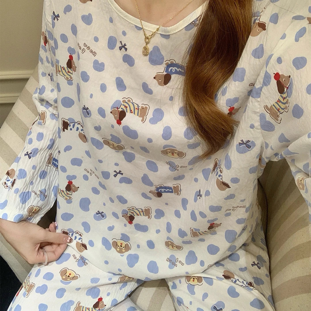 云朵棉睡衣女春秋季长袖大码舒适2025新款蓝印趣味小狗套装家居服