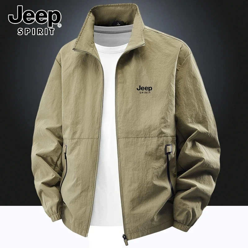 jeep吉普多口袋夹克外套男春秋季休闲宽松大码立领户外薄款冲锋衣