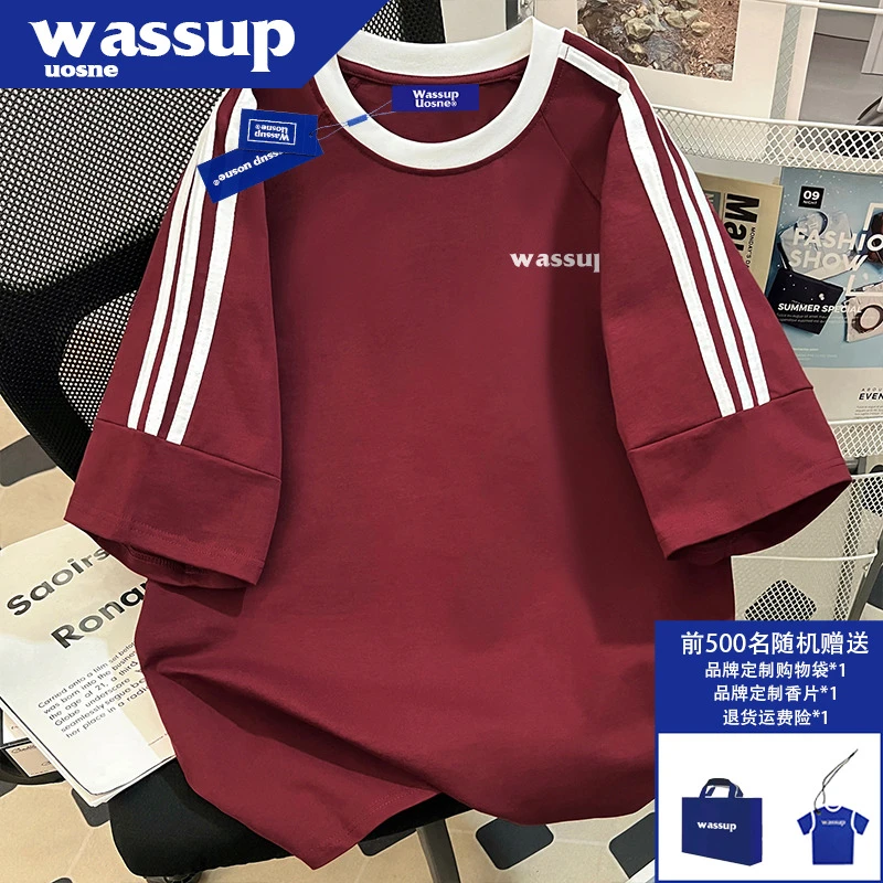 美式复古运动撞色插肩短袖T恤男时尚高街休闲酒红色痞帅半袖上衣