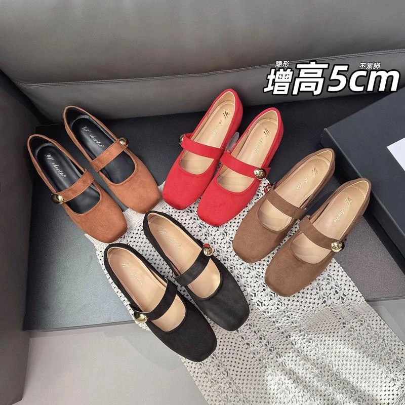 增高5CM金属一字带方头单鞋女2025早秋新款晚晚风绒面平底奶奶鞋