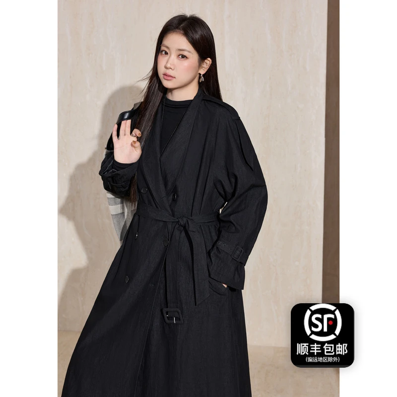蓝语大码女装气质宽松廓形双排扣风衣2025秋季新品中长款系带外套