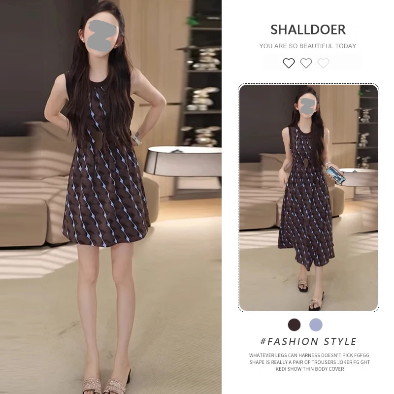 法式高级感斜纹无袖连衣裙女2025夏季新款收腰显瘦A字背心裙子潮