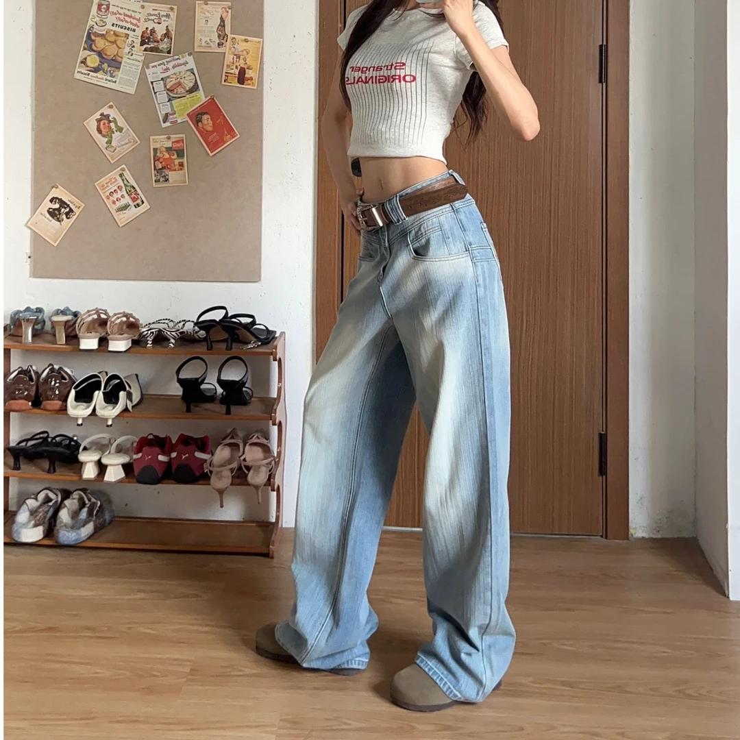 WANWAN新款!慵懒风!刺绣设计款超显瘦水洗牛仔裤直筒裤薄款春夏