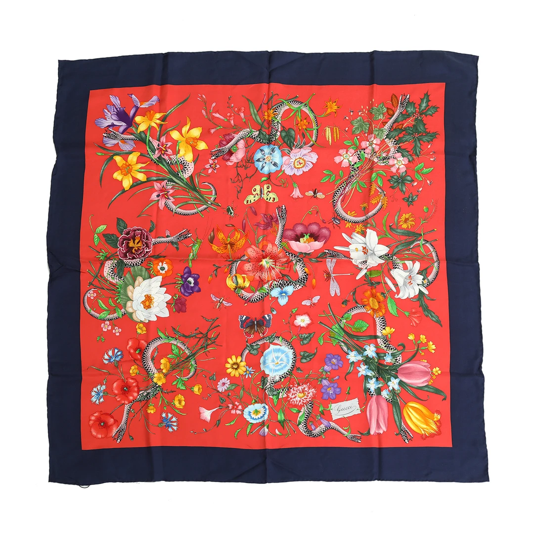 99新 GUCCI/古驰 GUCCI花卉红底藏蓝边 丝巾 红色P221971153