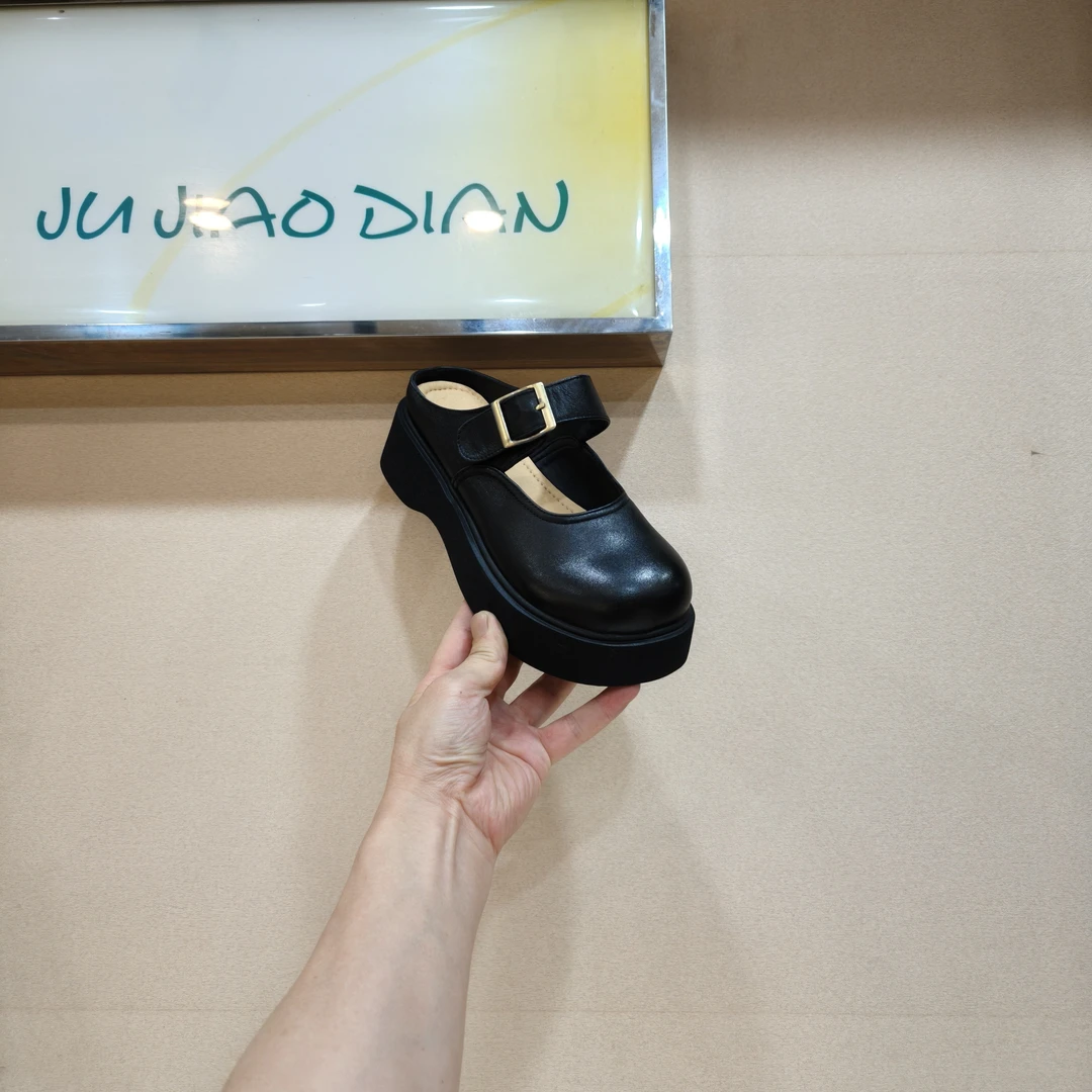 欧货洲厚底真皮包头半拖女 2025春夏新款魔术贴一脚蹬外穿玛丽珍