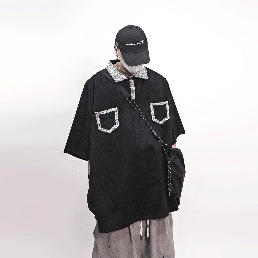 UUCSCC潮牌高街设计感亮片刺绣短袖POLO衫宽松vintage五分袖T恤男