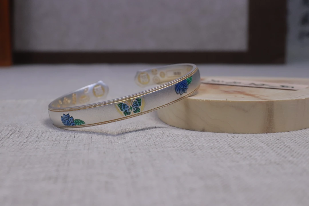 足银手镯 A15【足银999.9】莲花珐琅彩古法描金开口手镯克重约31.33