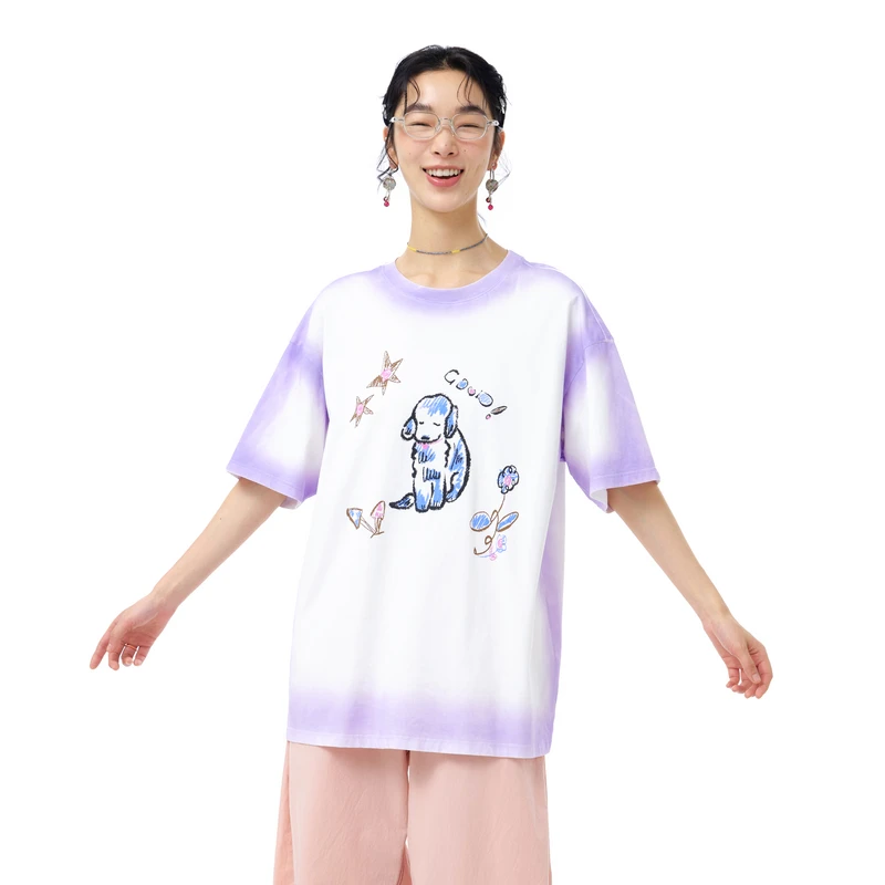 MOVEUP幻走2025夏季新款.FUN 印花渐变喷色中长款T恤女325210526