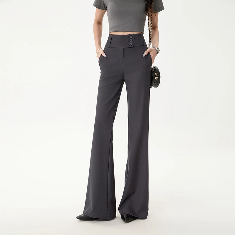 排扣微喇西装裤常规厚度低腰女高腰阔腿裤西装裤裤子直筒裤