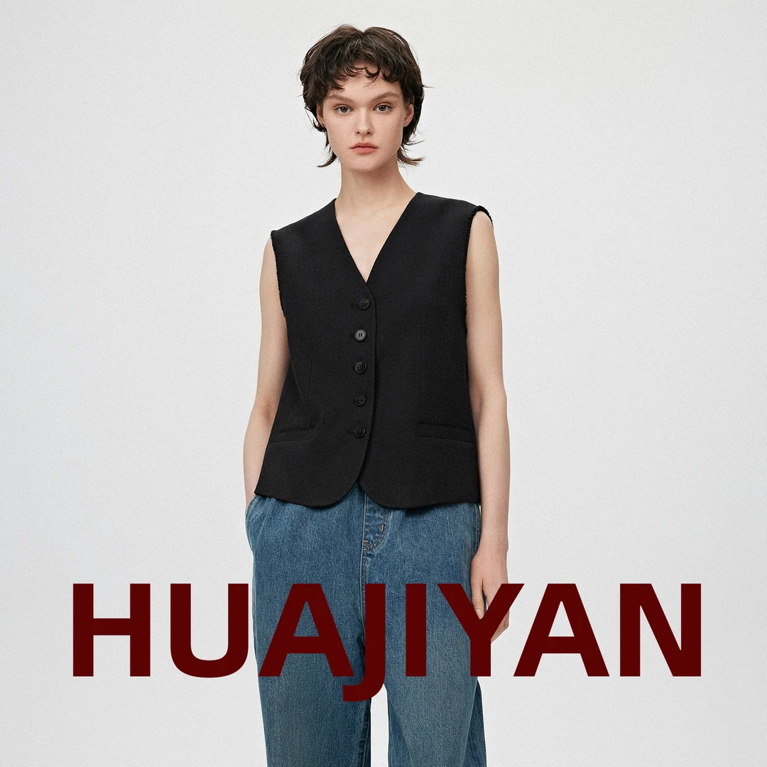 华吉言/HUAJIYAN【盗梦】醋酸羊毛混纺无袖毛边设计西装风马甲背心