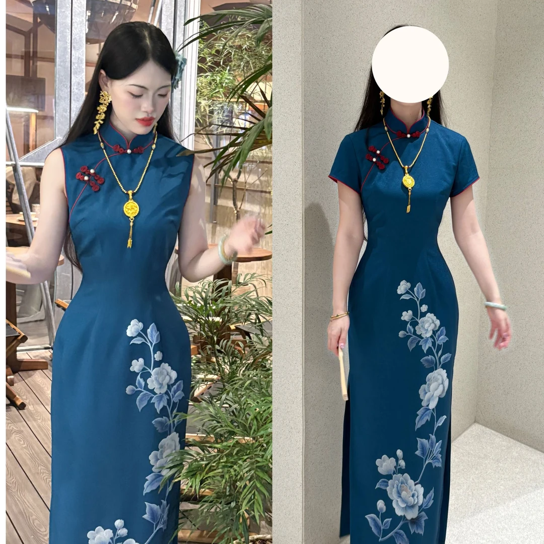 LHMknk1画报夫人原创自制仿正绢新中式定位花夏季改良旗袍 蓝玉兰