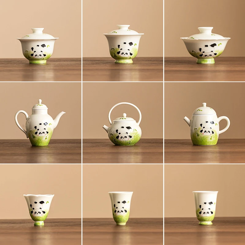 当代 熊猫嬉天地茶杯盖碗茶海茶壶茶道零配件家用陶瓷功夫茶具