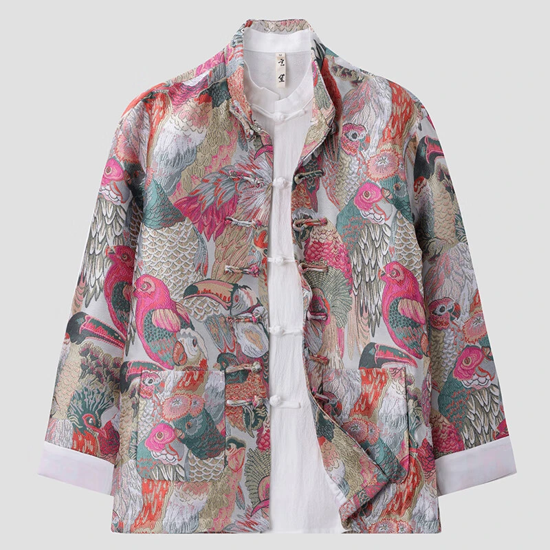 玄笙春季唐装中国风男装立领宽松鹦鹉提花外套国潮中式复古改良上