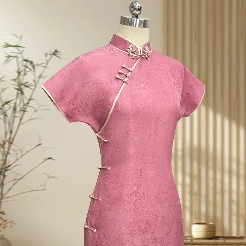 夏清风 玲珑娇高端旗袍桑蚕丝手工全开襟粉色时尚减龄2025夏季新