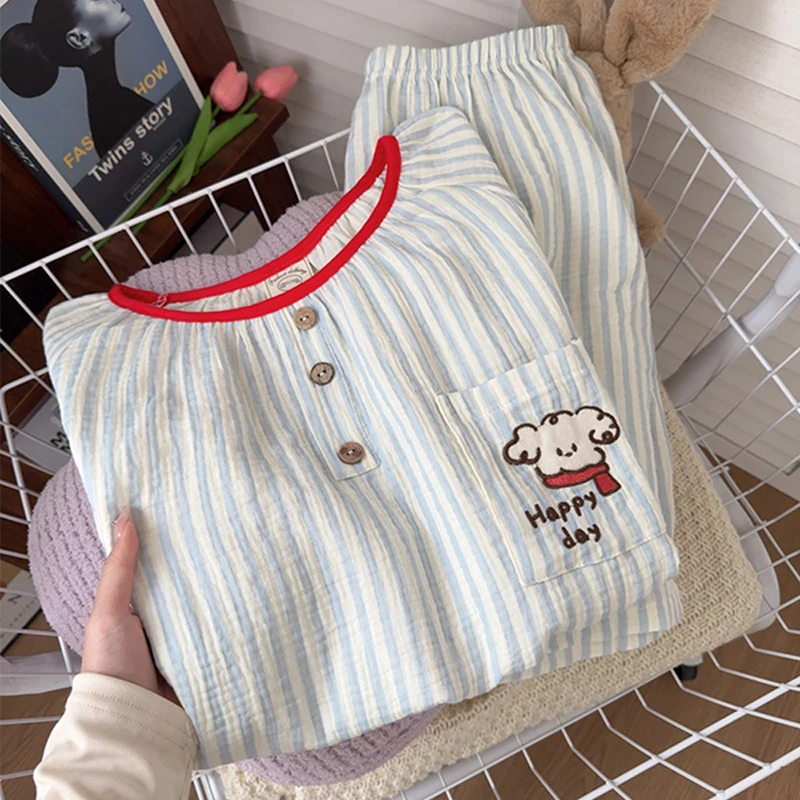 韩版条纹可爱狗狗睡衣女夏季短袖双层棉纱卡通家居服套装外穿