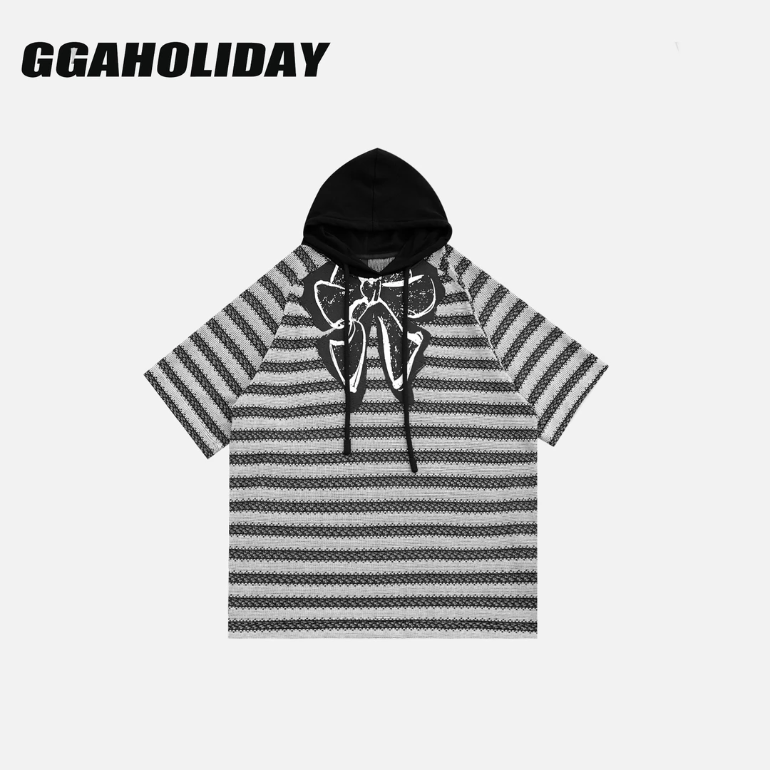 GGAHOLIDAY美式休闲宽松条纹针织潮流复古时尚连帽短袖T恤-153015