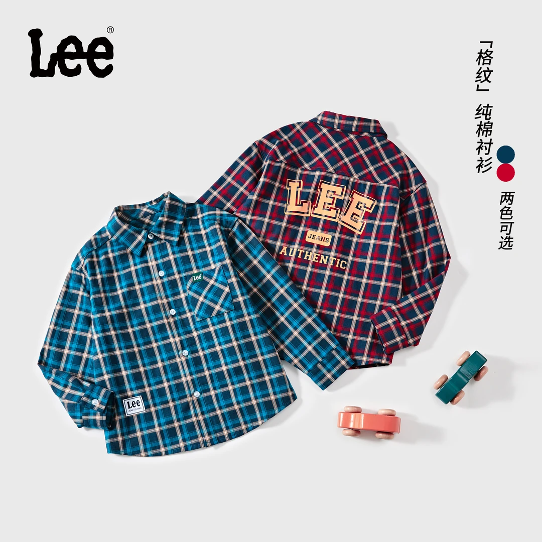 Leekids儿童衬衫衬衣长袖翻领复古格子纯棉2025年春夏百搭衬衫-ZZ