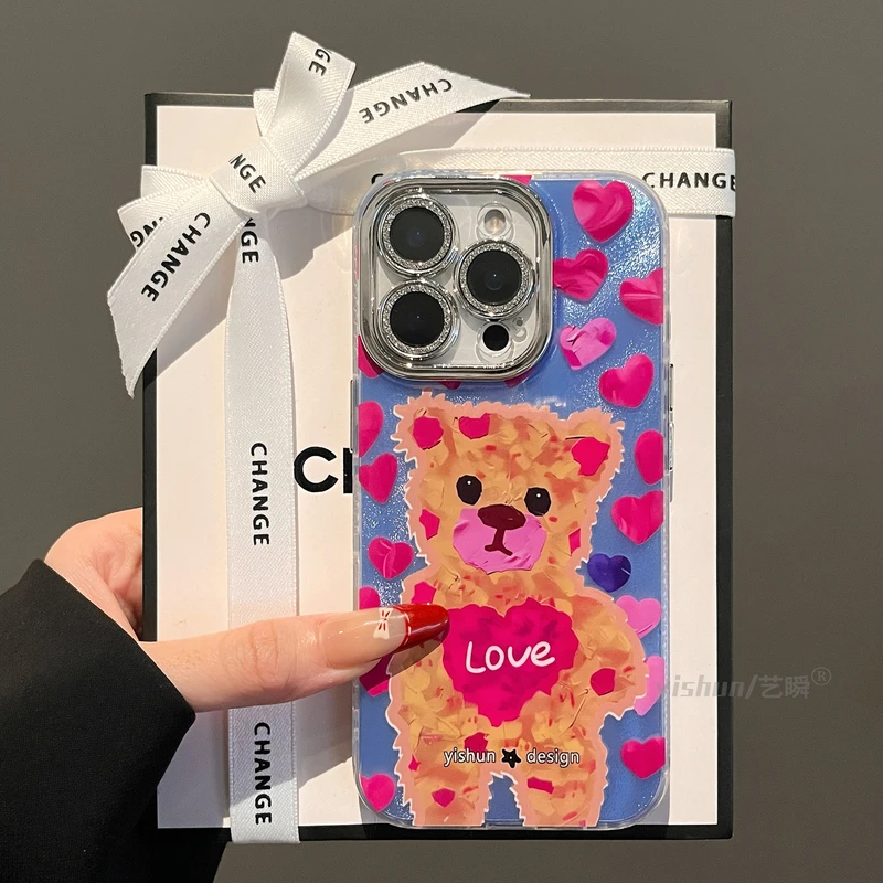 小众玫粉爱心小熊涂鸦油画苹果16promax手机壳15pro高级感新款iPh