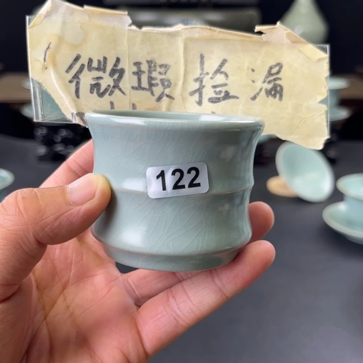 杯仿古釉汝官窑竹节杯122号微瑕捡漏