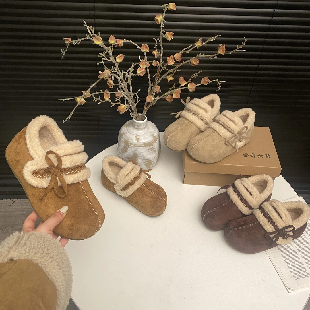 厚底韩版勃肯鞋加绒刺绣蝴蝶结女款2025冬季新款百搭增高外穿棉鞋