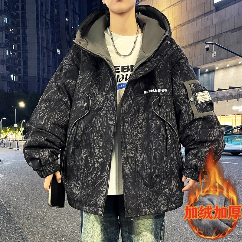 冬季新款青少年迷彩印花外套潮流百搭加绒保暖学生帅气连帽夹克男