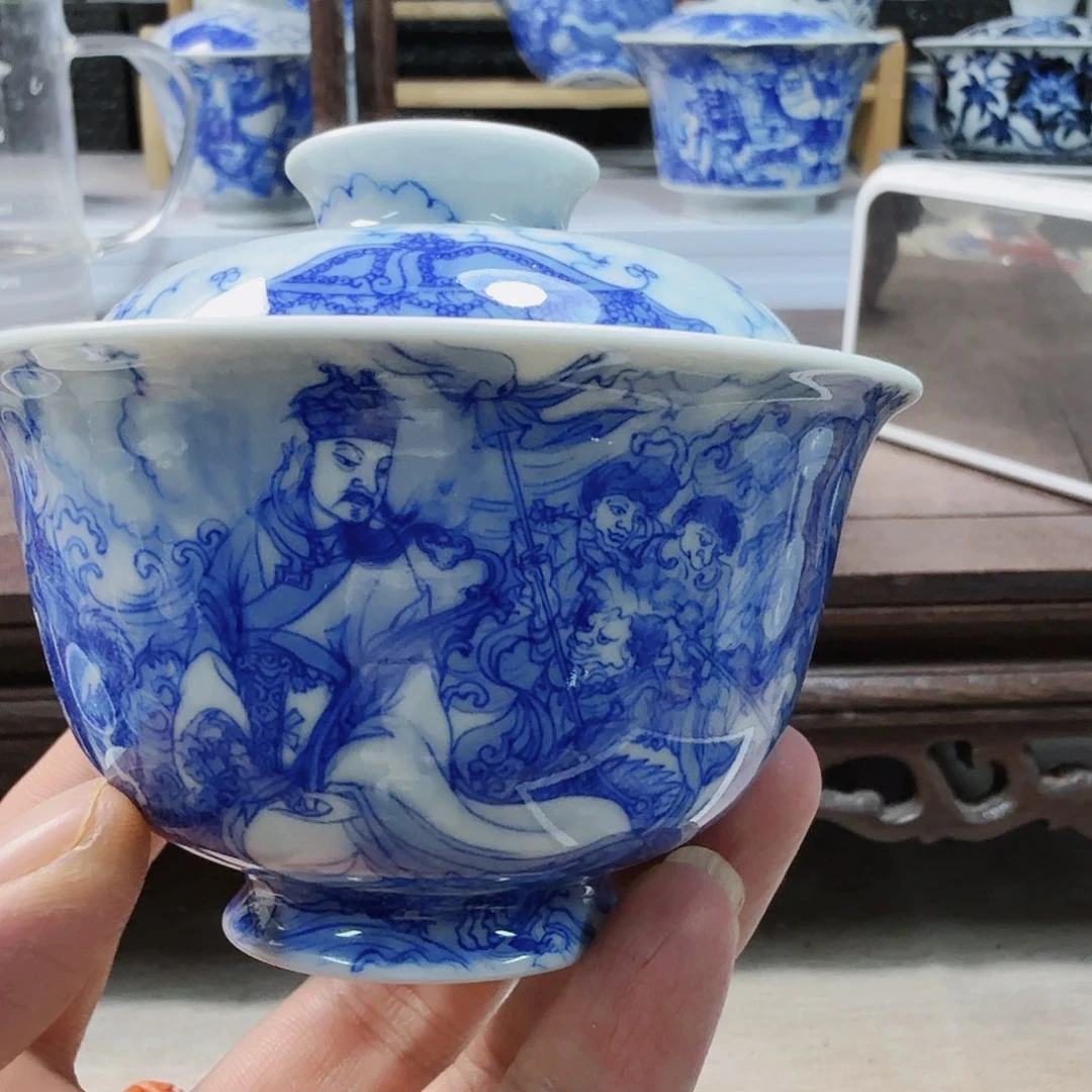 泥塑洛*水官盖碗手工手绘