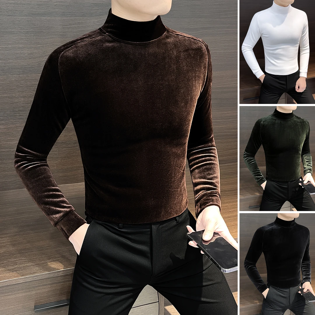 金丝绒男士打底衫秋冬季2025新款网红潮款男装半高领男款长袖T恤