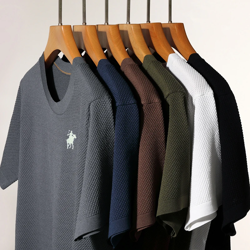 【桑蚕丝】2025夏季新款短袖T恤圆领男针织菠萝格上衣休闲百搭半袖