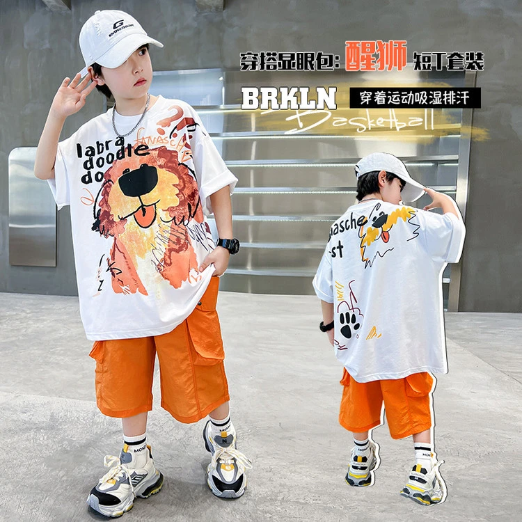 男童短袖套装夏薄款中大童卡通时髦痞帅青少年儿童休闲两件套洋气