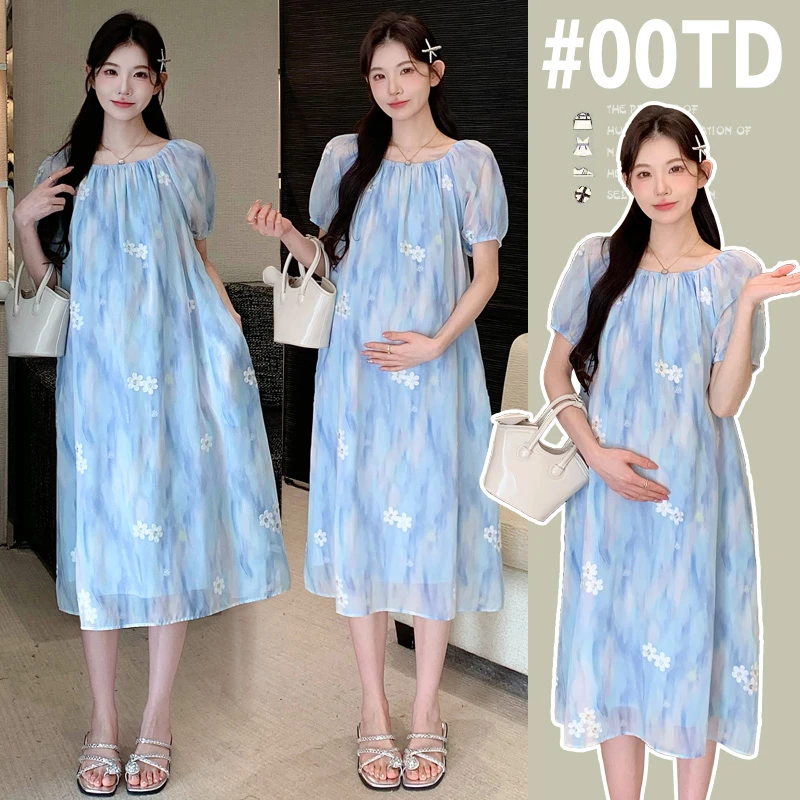 2025新款夏装宽松中长款孕妇装连衣裙气质高级感显瘦花朵图案外穿