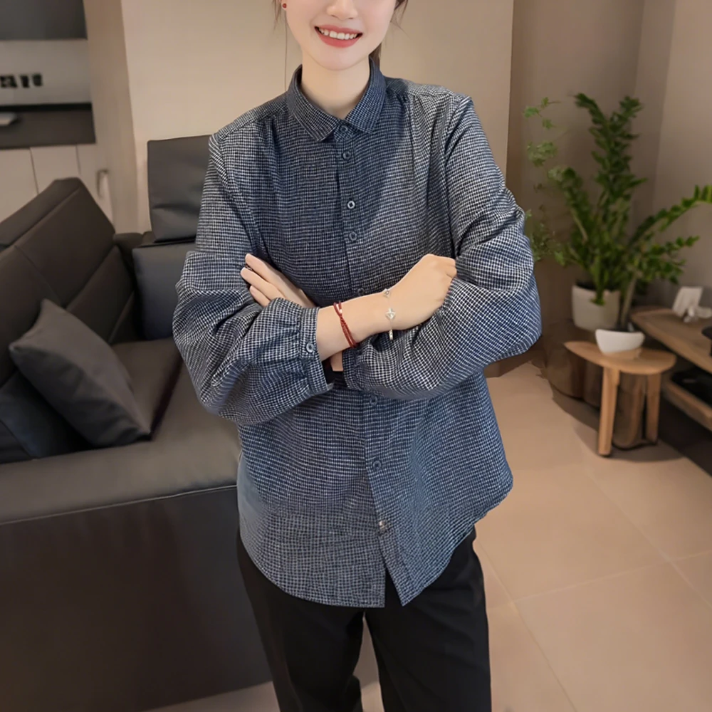 纯棉灯笼袖长袖时尚休闲减龄格子衬衫秋季复古新款显瘦潮流上衣女
