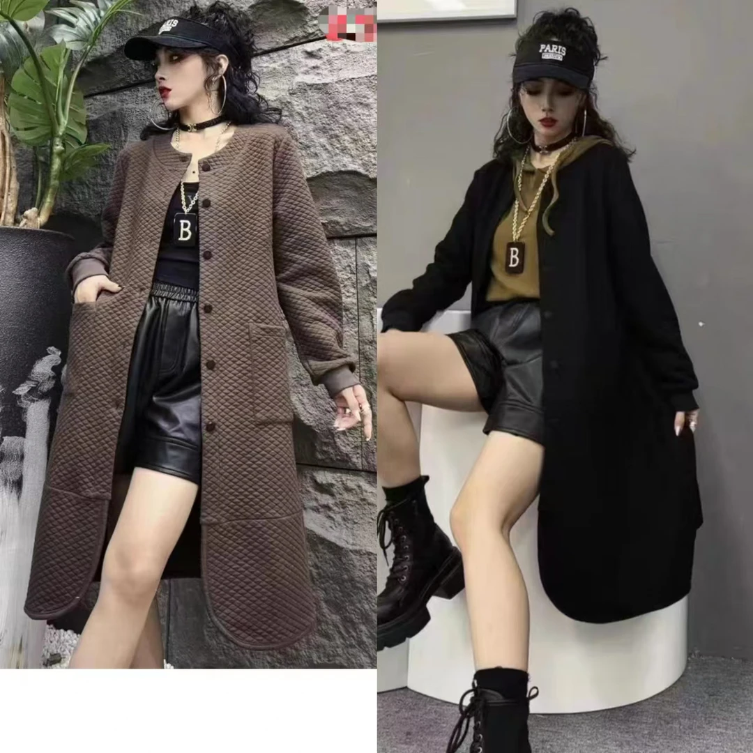 新款大码6021百搭宽松单排扣中长款菱形潮流休闲外套