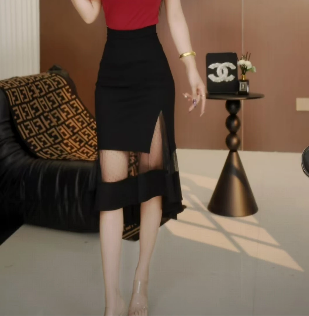 【燕子原创】网纱鱼尾裙半身裙女夏中长款不规则高腰A字裙包臀裙79-