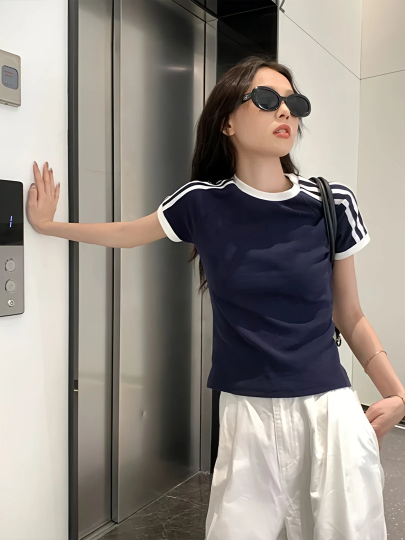 美式氛围感纯棉正肩百搭通勤短袖t恤女夏季ins潮牌简约三条杠上衣