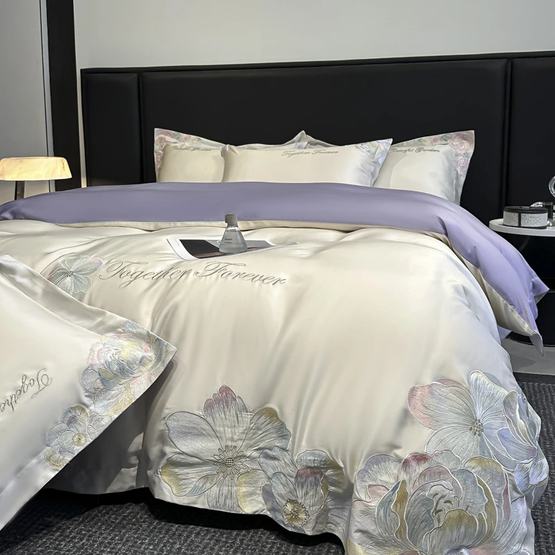 轻奢高档纯棉全棉四件套A类母婴级被套刺绣花卉爆款床上用品套件4