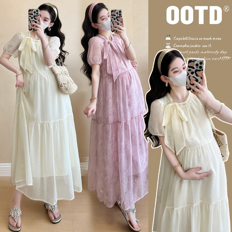 孕妇装夏季连衣裙2025新款时尚法式气质蝴蝶结系带长款温柔风裙子