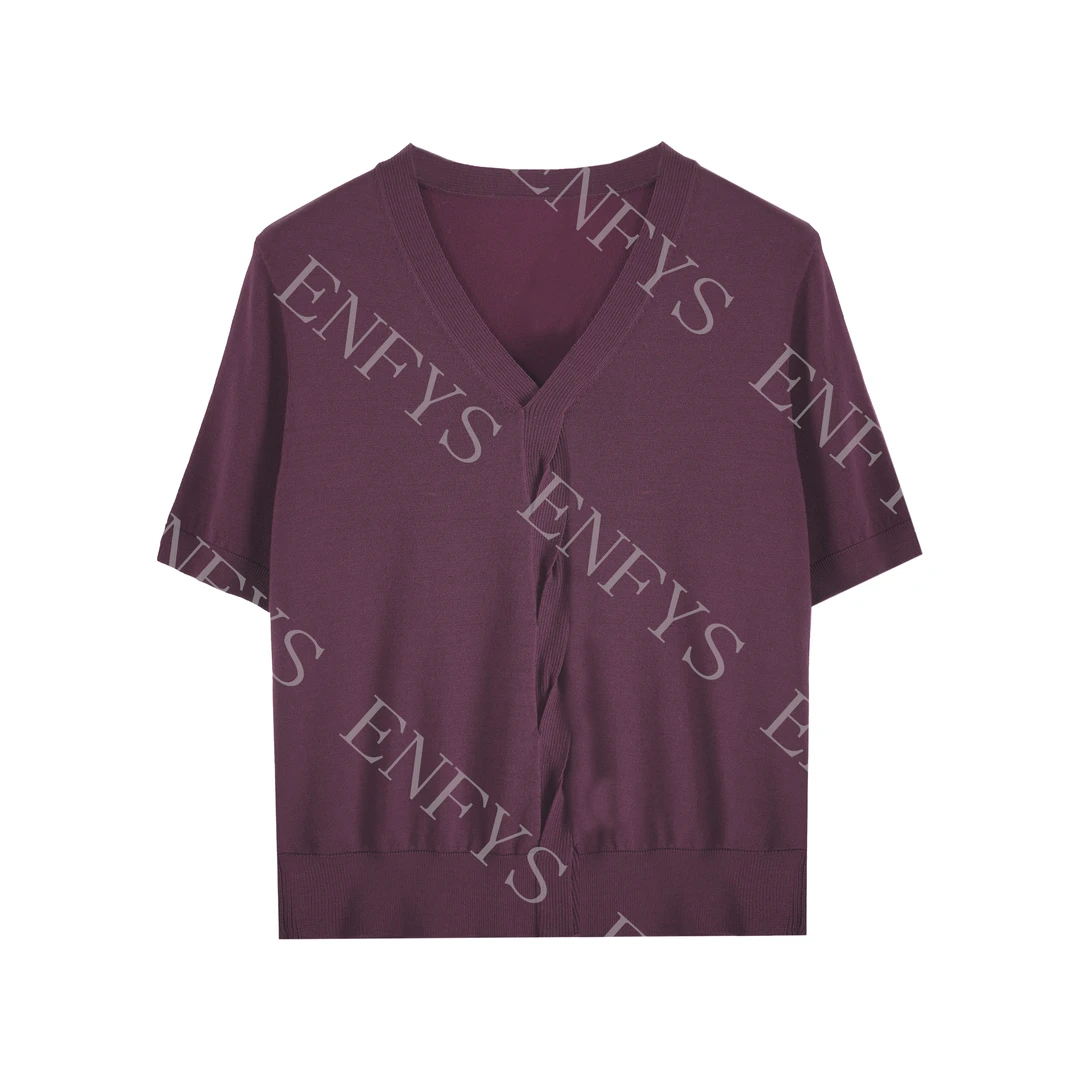 夏款凉感纱线V领绞花显瘦针织衫女气质优雅短袖上衣25059